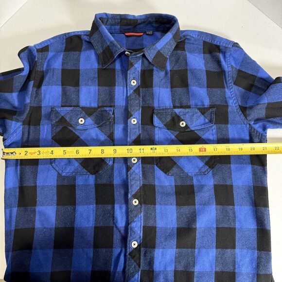 Design in Italy Men's Medium Blue &‎ Black Plaid Flannel Button-Up Shirt Outdoor - Picture 8 of 9